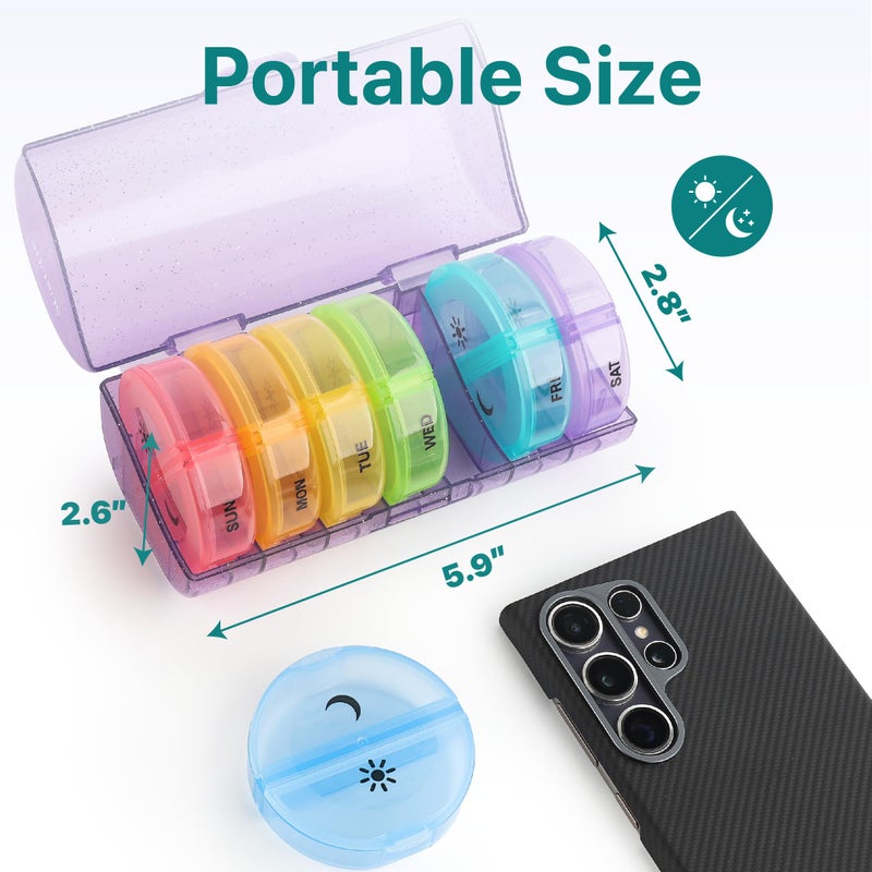 Sukuos Weekly Pill Organizer 7 Day 2 Times a Day, Large Daily Pill Box Easy to Open, Portable AM PM Pill Case for Medicine/Vitamin/Fish Oil/Supplements (Glitter Purple) - Image 5