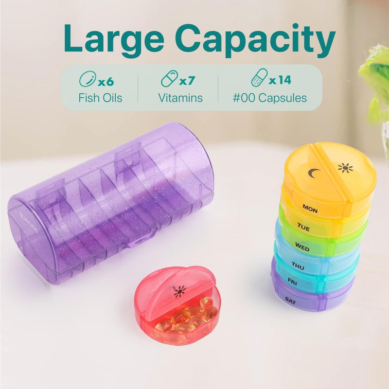 Sukuos Weekly Pill Organizer 7 Day 2 Times a Day, Large Daily Pill Box Easy to Open, Portable AM PM Pill Case for Medicine/Vitamin/Fish Oil/Supplements (Glitter Purple) - Image 3