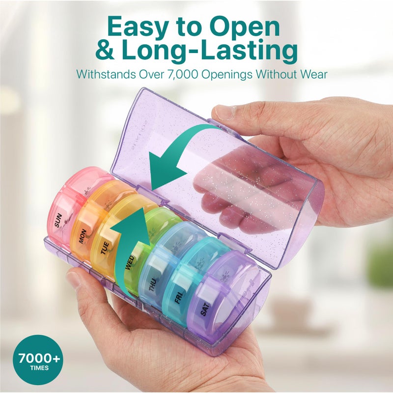 Sukuos Weekly Pill Organizer 7 Day 2 Times a Day, Large Daily Pill Box Easy to Open, Portable AM PM Pill Case for Medicine/Vitamin/Fish Oil/Supplements (Glitter Purple) - Image 2