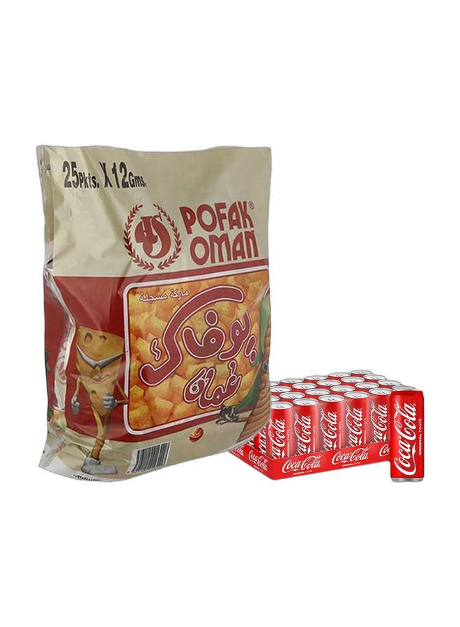 noon Pofak Oman Oman Corn Flavor Chips 12grams Pack of 25 + Coca Cola Regular Soft Drink Cans 330ml Pack of 24 - Image 1