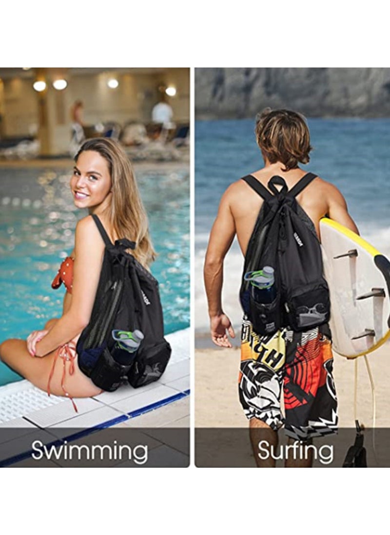 JiFENG Drawstring Backpack Large With Two Zipper Pockets and Water Bottle Mesh Pockets for Swim, Gym and Workout Gear, Black  - Image 2