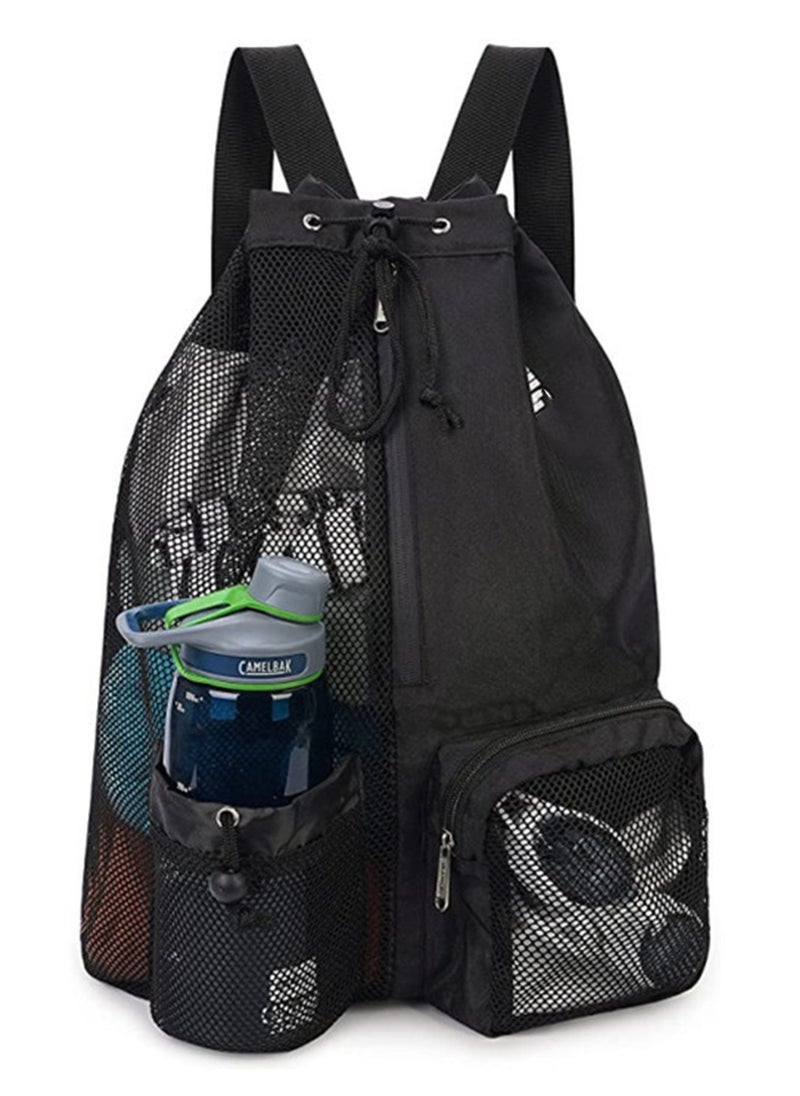 JiFENG Drawstring Backpack Large With Two Zipper Pockets and Water Bottle Mesh Pockets for Swim, Gym and Workout Gear, Black  - Image 1