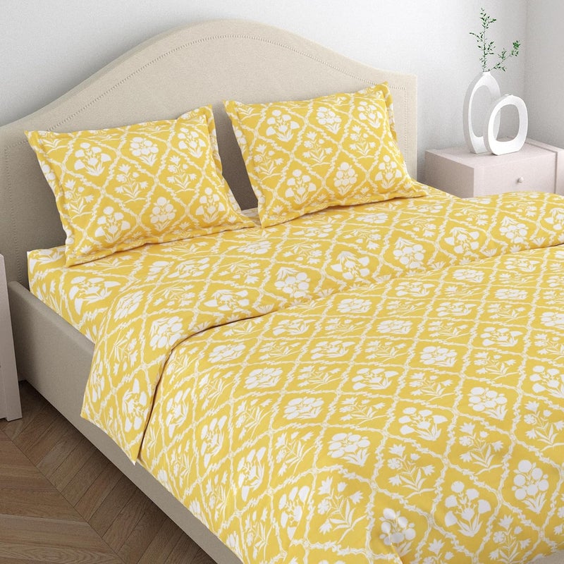 haus & kinder haus kinder Double Size Bedsheets for Bed 186 TC 100 Cotton Bed Sheet for Queen Size Bed with 2 Pillow Covers Bedsheet with Marigold Majesty Yellow Design - Image 1