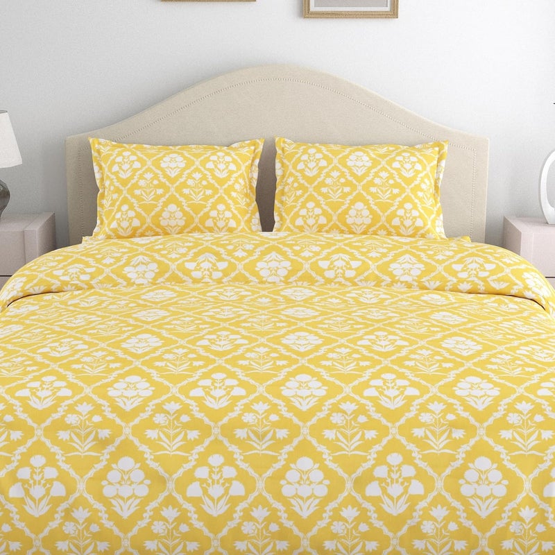 haus & kinder haus kinder Double Size Bedsheets for Bed 186 TC 100 Cotton Bed Sheet for Queen Size Bed with 2 Pillow Covers Bedsheet with Marigold Majesty Yellow Design - Image 5