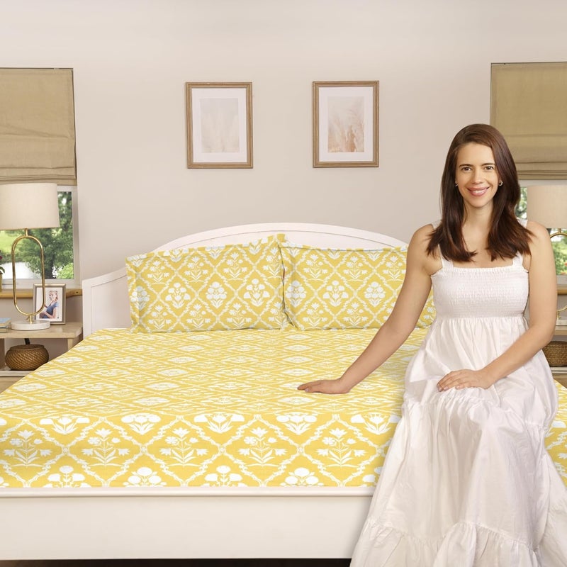 haus & kinder haus kinder Double Size Bedsheets for Bed 186 TC 100 Cotton Bed Sheet for Queen Size Bed with 2 Pillow Covers Bedsheet with Marigold Majesty Yellow Design - Image 4
