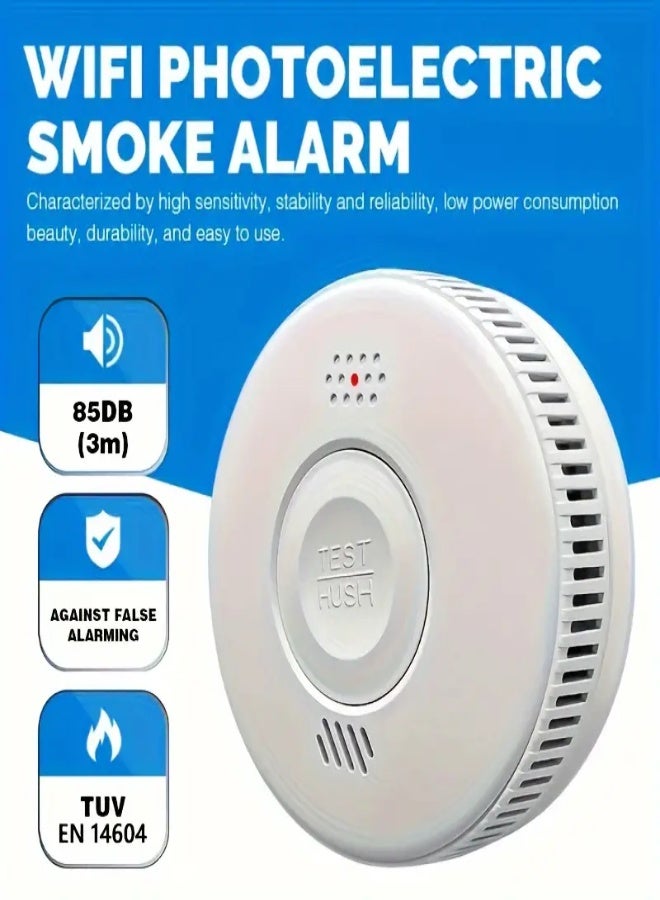ارواق جهاز إنذار ذكي للسلامة من الحريق مع اتصال WiFi – متوافق مع تطبيق TUYA، مزود ببطاريات AA، صوت إنذار عالي 85 ديسيبل، منع الإنذارات الخاطئة، سهل التثبيت على السقف - Image 2