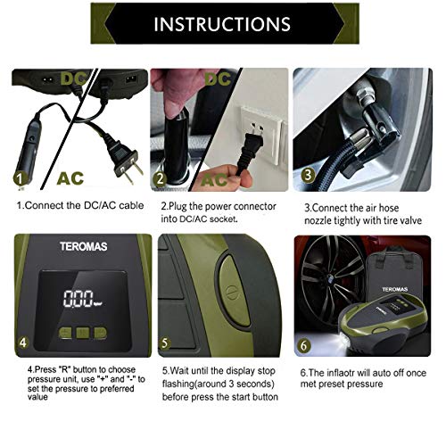TEROMAS Tire Inflator Portable Air Compressor, Air Pump DC/AC for Car Tires 12V DC and Other Inflatables at Home 110V AC, Digital Electric Tire Pump with Pressure Gauge(Green) - Image 4