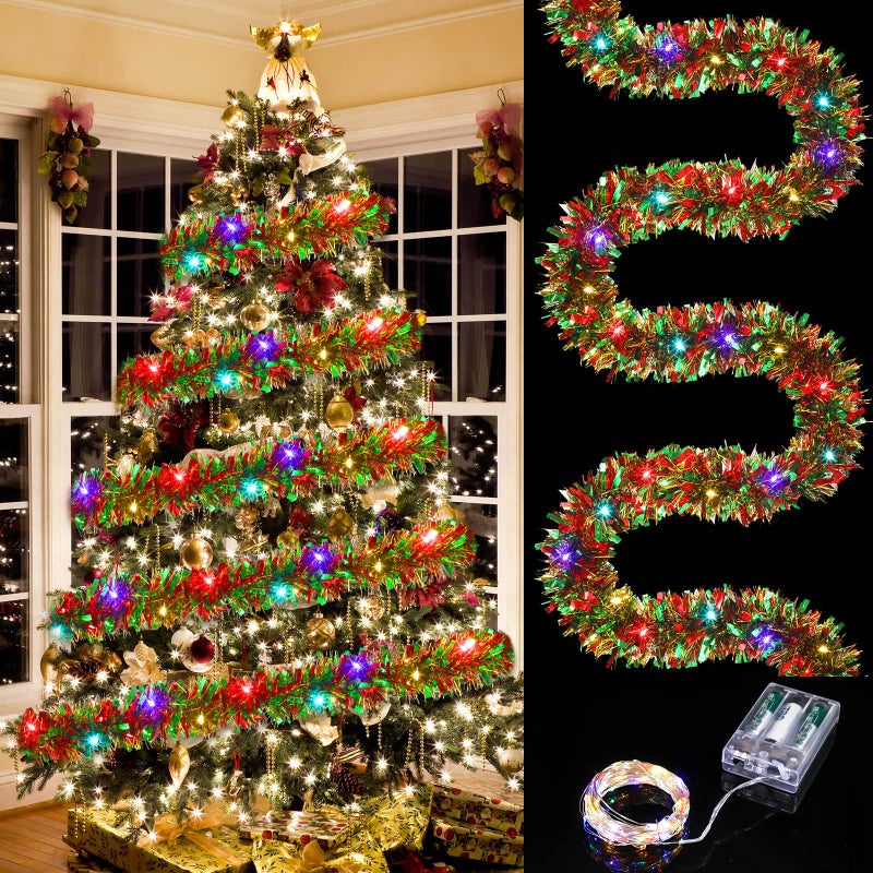 Dingion Dingion 394 ft Christmas Tinsel Tree Garland with 120 LED Lights Hanging for Home DecorRed Green Gold Garland Colorful Light