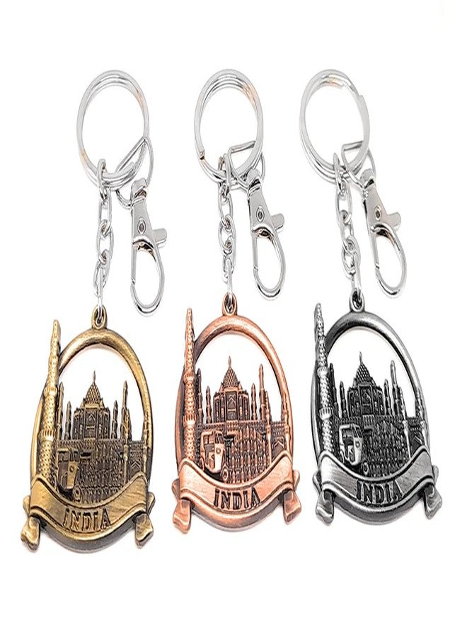 Aura Set Of 3 Double Sided Metal Souvenir Of India Taj Mahal Qutub Minar Hawa Mahal Char Minar Auto Rickshaw Gift Metal Keychain For Men Women Husband Wife Girl Boy Friend Bike Car Multi-Color - Image 1