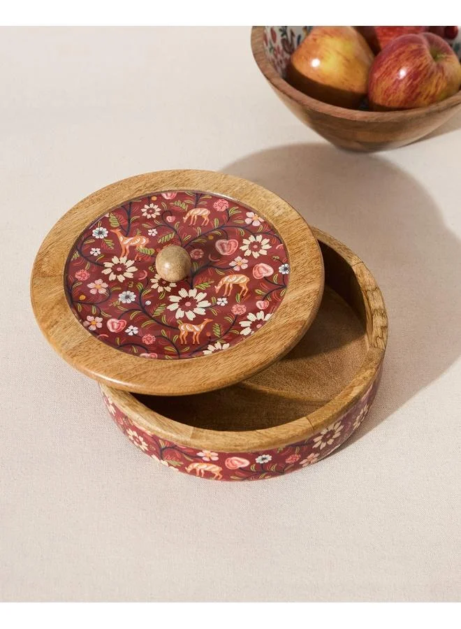 Chumbak Apple Orchards Wooden Roti Box, 8" dia | Kashmir Trails