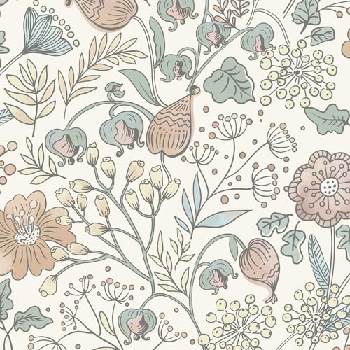 HeloHo Peel and Stick Wallpaper Floral Boho Contact Paper Self Adhesive Removable Waterproof Wallpaper for Bedroom Bathroom Beige/Pink Flower Leaf Nursery Botanical Wall Paper 16.1" X 394" - Image 1