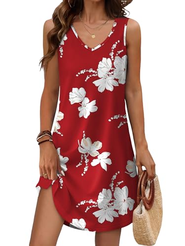 Aokosor Red Dresses for Women 2026 Loose V Neck Sleeveless Casual Dress Sundresses Swing Tank Christmas Holiday Dresses Floral Print 2XL - Image 1
