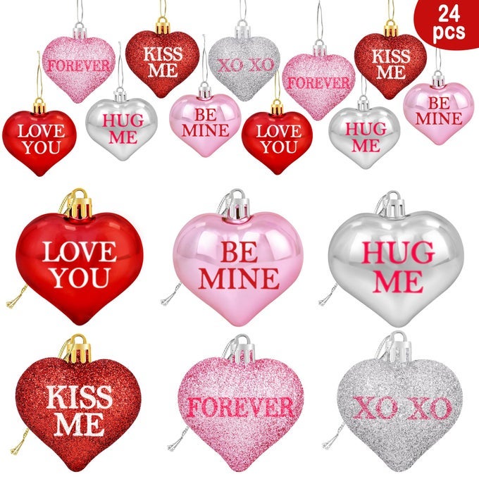24PCS VALENTINES DAY GLITTER HEART SHAPED ORNAMENTS VALENTINE DECORATIONS RED PINK SILVER HEART BAUBLES FOR HOME TREE