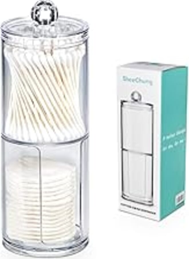 SheeChung Qtip Holder Dispenser Set - Apothecary Jars Bathroom Clear Plastic Acrylic for Cotton Balls,Cotton Swabs,Q-Tips,Cotton Rounds,Makeup Pads Storage Canister