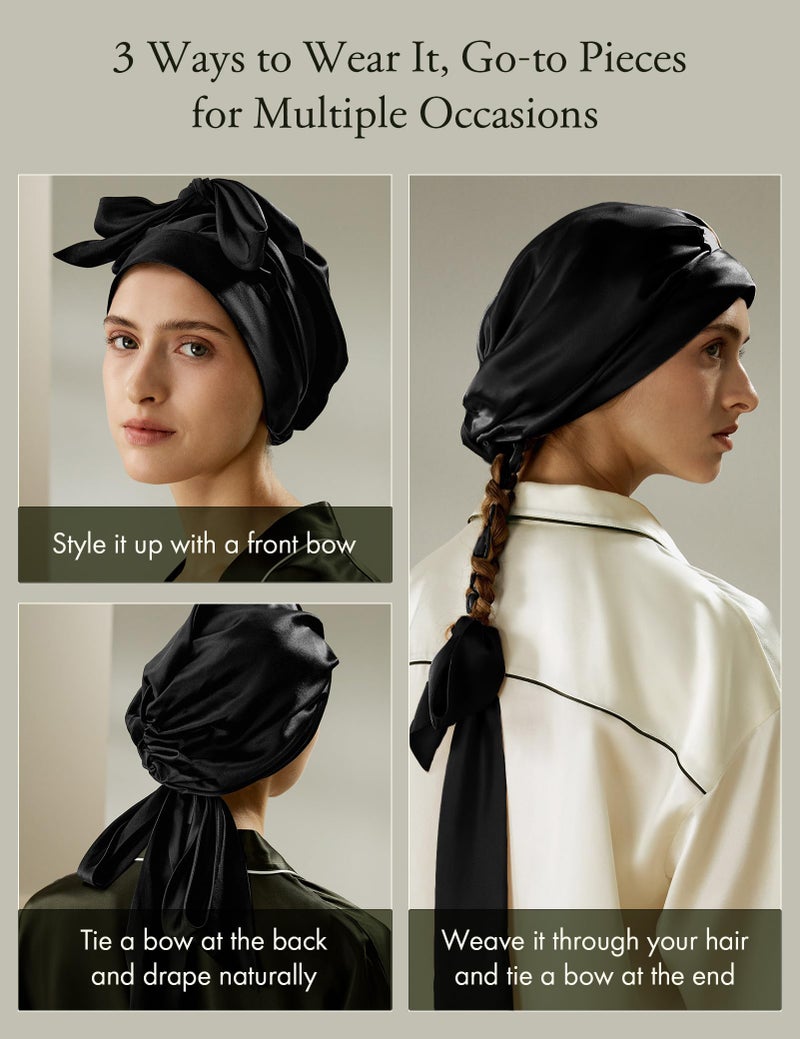 LilySilk 100% 22MM Pure Mulberry Silk Sleep Cap Womens Bonnet for Sleeping and Hair Care Night with Long Band for Black - Image 5