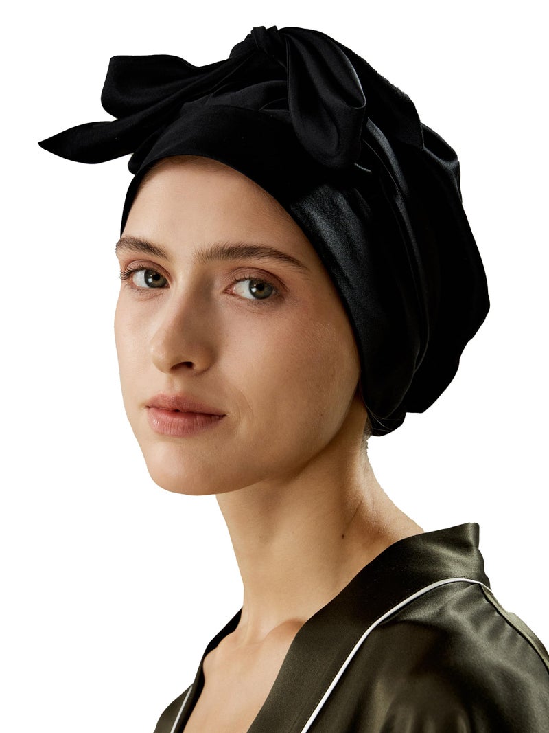 LilySilk 100% 22MM Pure Mulberry Silk Sleep Cap Womens Bonnet for Sleeping and Hair Care Night with Long Band for Black - Image 1