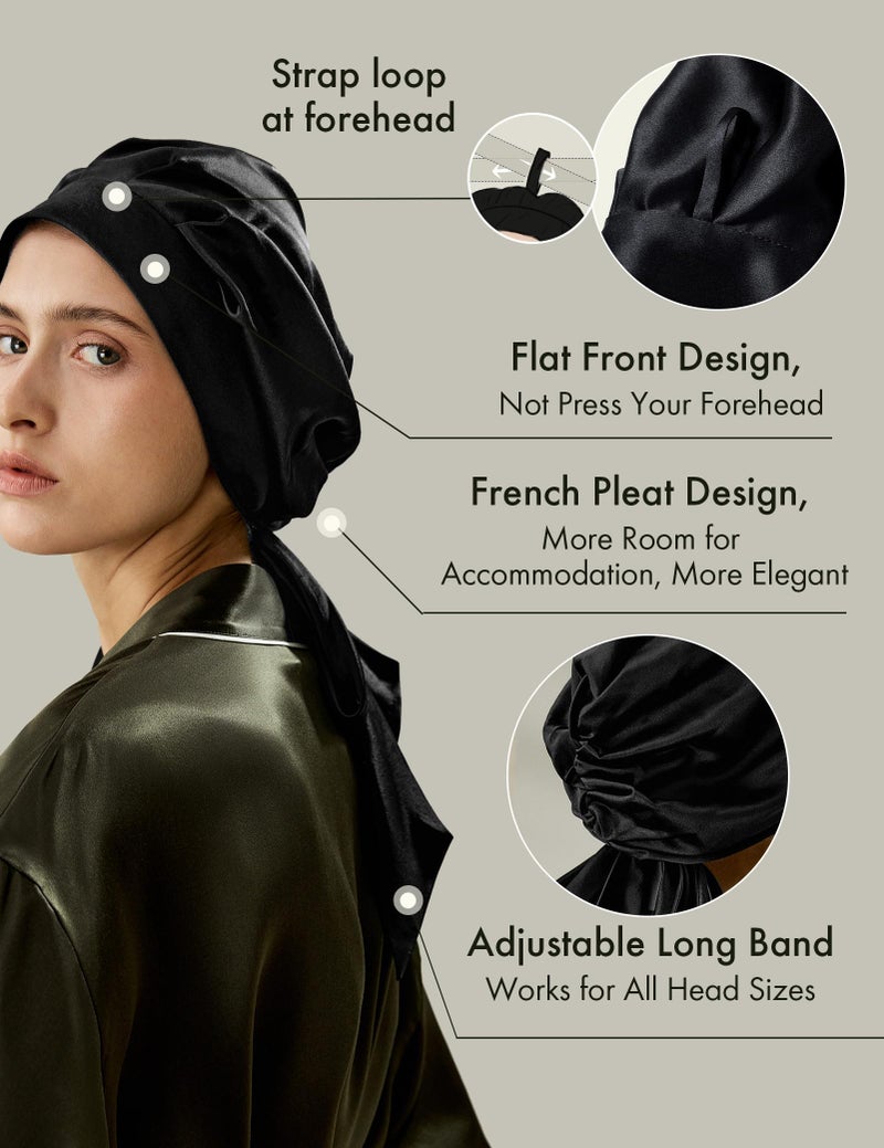 LilySilk 100% 22MM Pure Mulberry Silk Sleep Cap Womens Bonnet for Sleeping and Hair Care Night with Long Band for Black - Image 4
