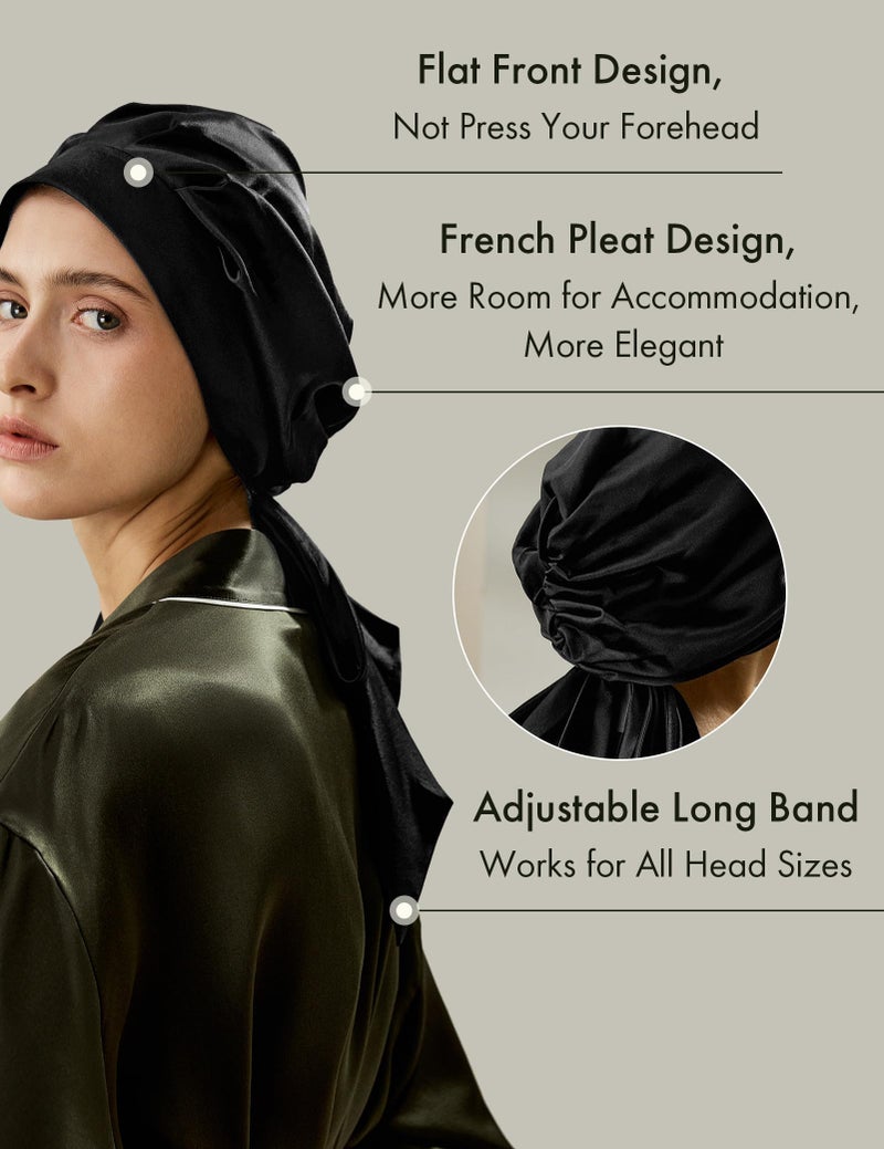 LilySilk 100% 22MM Pure Mulberry Silk Sleep Cap Womens Bonnet for Sleeping and Hair Care Night with Long Band for Black - Image 3