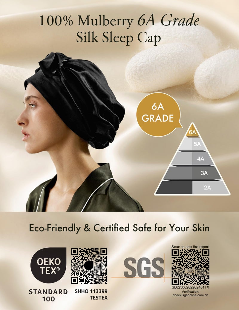 LilySilk 100% 22MM Pure Mulberry Silk Sleep Cap Womens Bonnet for Sleeping and Hair Care Night with Long Band for Black - Image 2