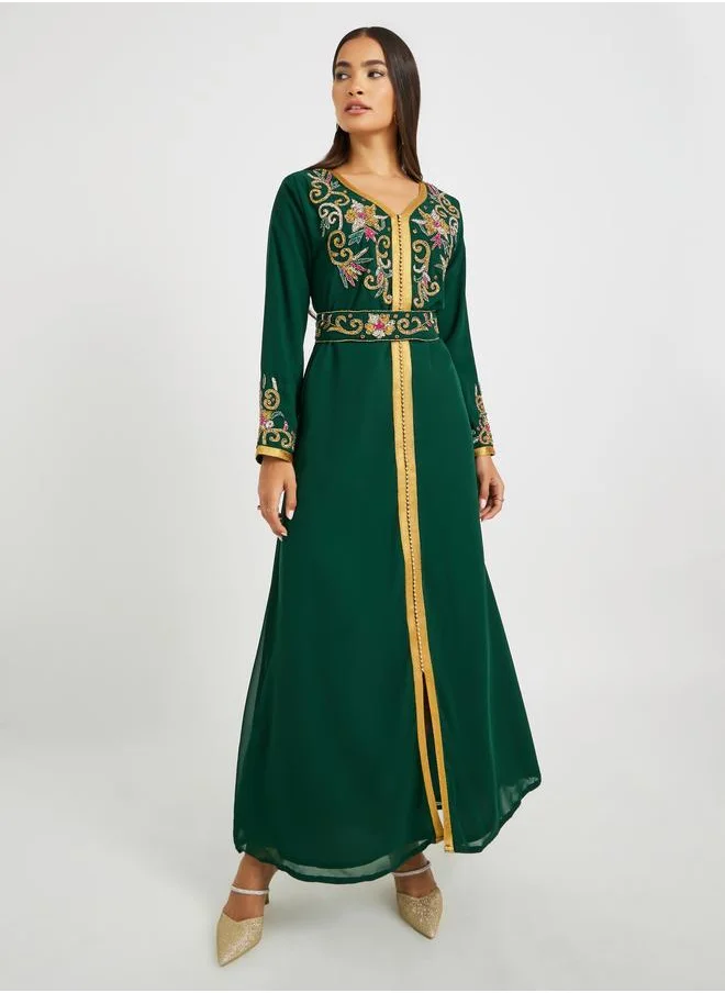 ستايلي Styli Handwork Neckline Jalabiya with Tie Belt