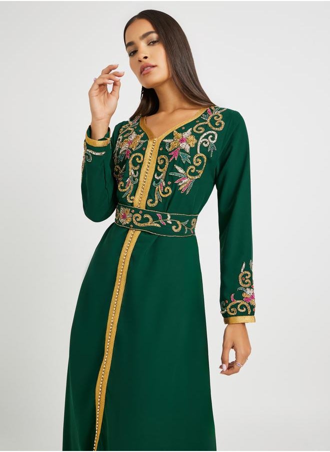 Styli Styli Handwork Neckline Jalabiya with Tie Belt  - Image 3