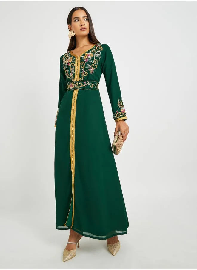 ستايلي Styli Handwork Neckline Jalabiya with Tie Belt