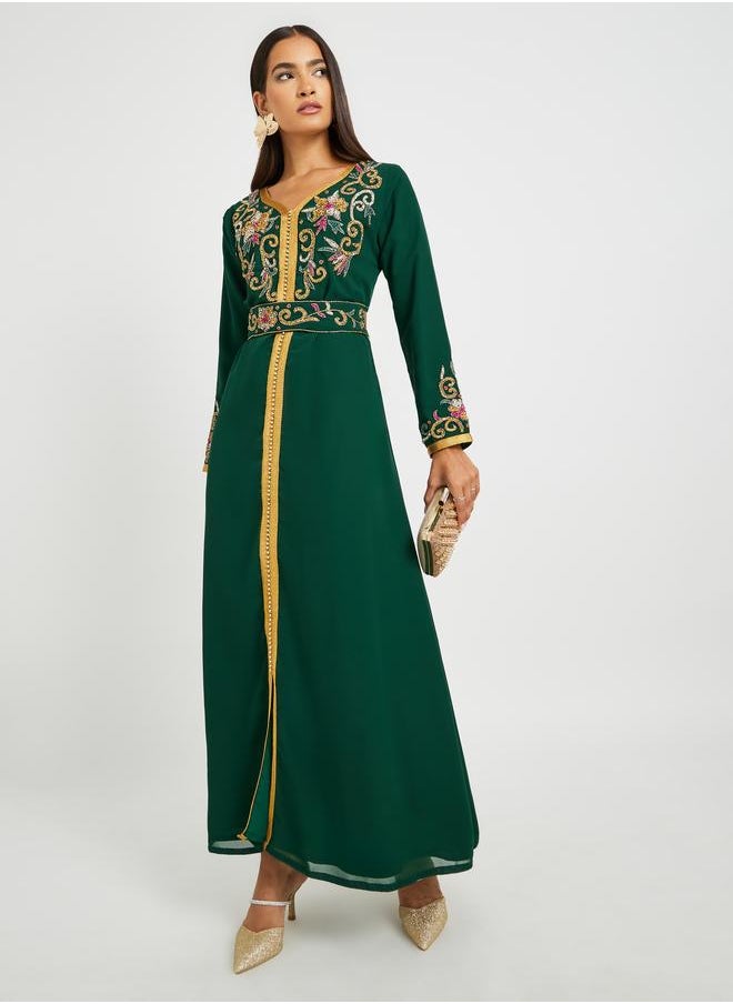 Styli Styli Handwork Neckline Jalabiya with Tie Belt  - Image 1