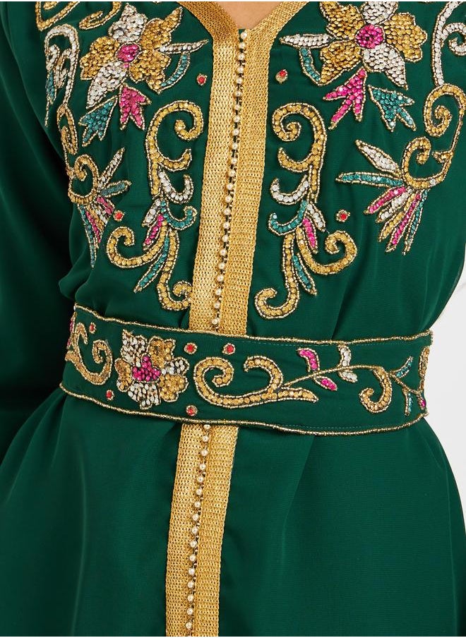 Styli Styli Handwork Neckline Jalabiya with Tie Belt  - Image 4