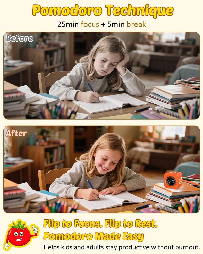 COWVTUJ Pomodoro Timer Cube Visual Productivity Flip Timer for Kids Classroom Desk, 5/10/25/50min&Custom Countdown, Silent&Sound Mode Digital Cube for ADHD Study Work School Game Kitchen (Orange) - Image 3