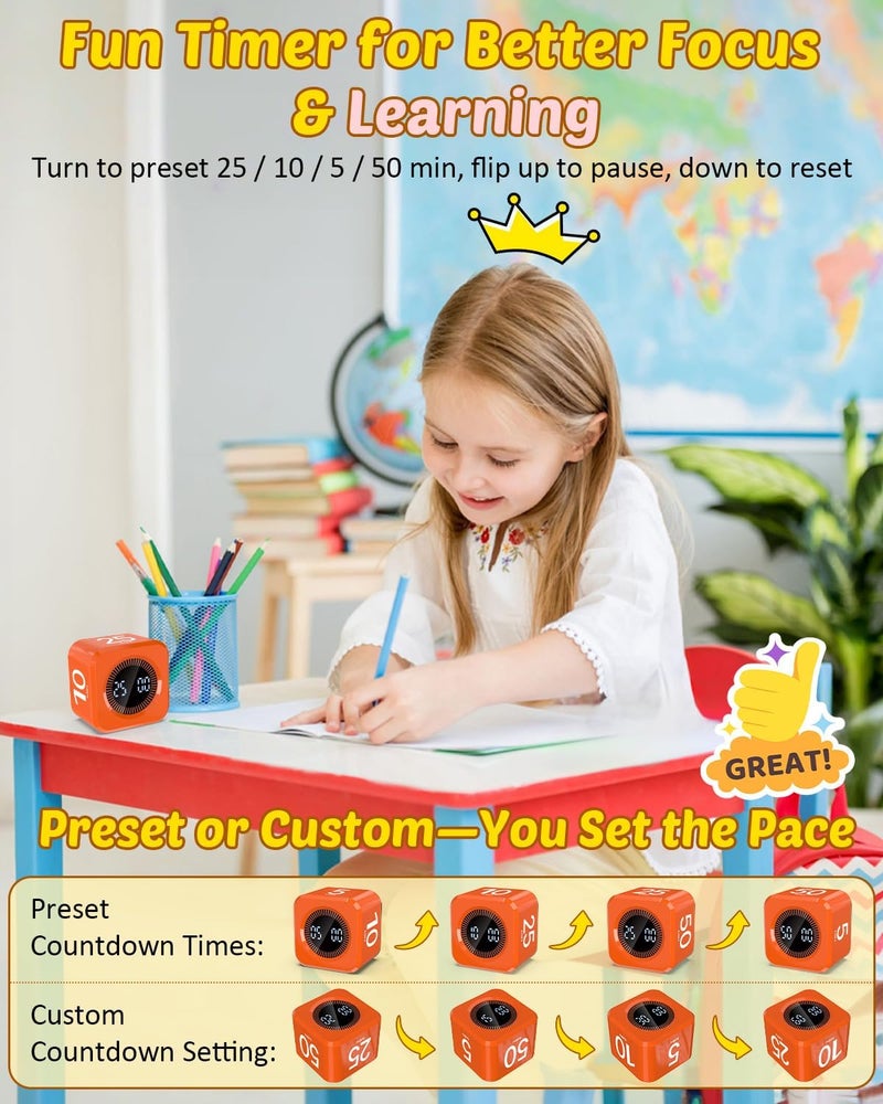 COWVTUJ Pomodoro Timer Cube Visual Productivity Flip Timer for Kids Classroom Desk, 5/10/25/50min&Custom Countdown, Silent&Sound Mode Digital Cube for ADHD Study Work School Game Kitchen (Orange) - Image 2
