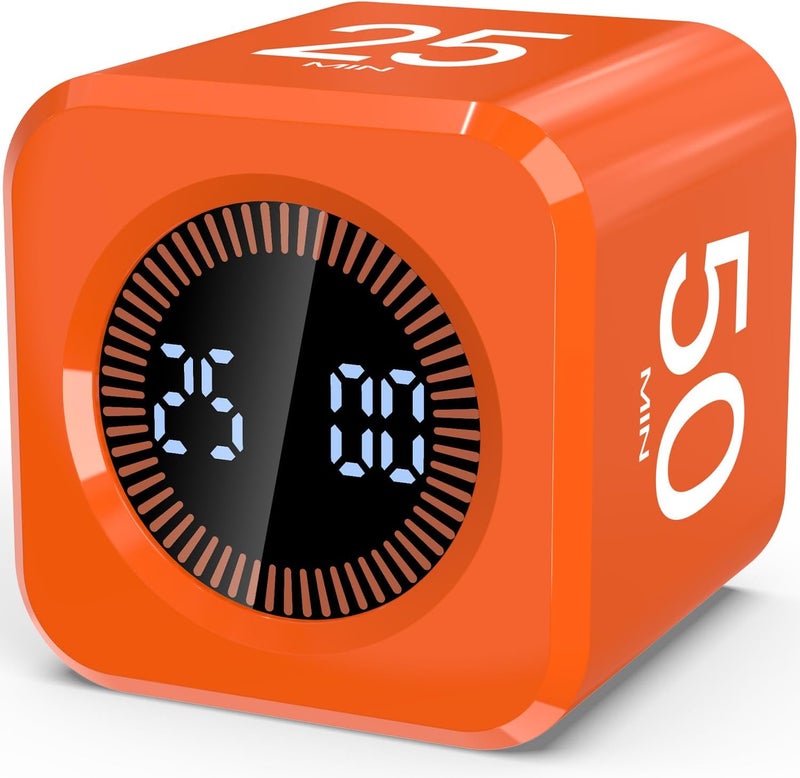 COWVTUJ Pomodoro Timer Cube Visual Productivity Flip Timer for Kids Classroom Desk, 5/10/25/50min&Custom Countdown, Silent&Sound Mode Digital Cube for ADHD Study Work School Game Kitchen (Orange) - Image 1