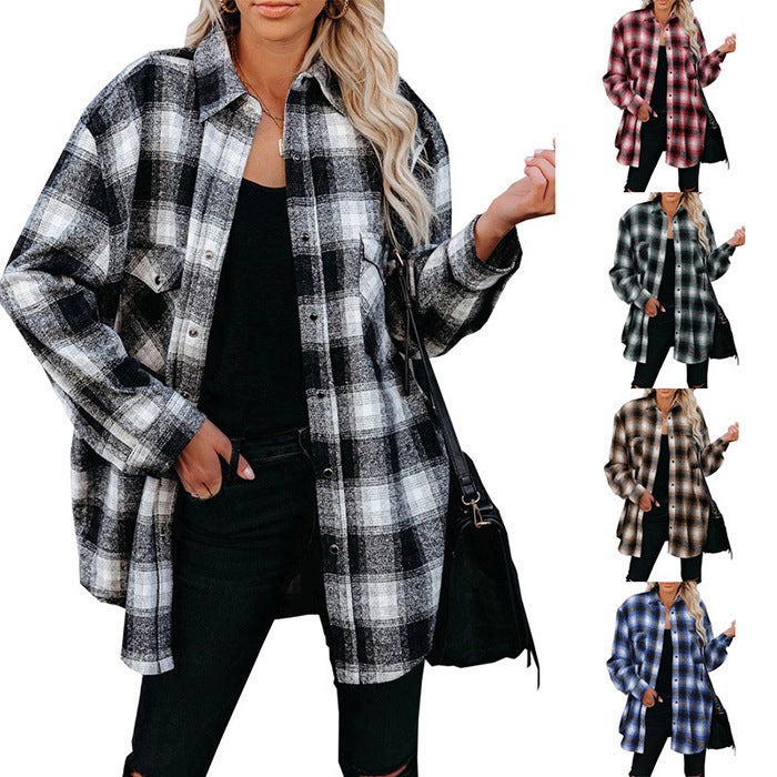 Women's Plaid Shirt Autumn Winter Long Sleeve Loose Fit Turn-down Collar Shirt - Image 1