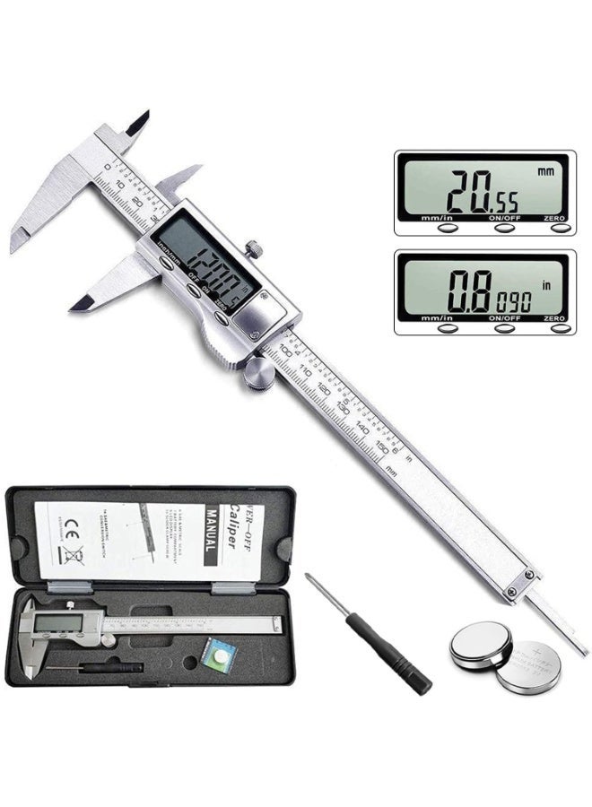 YOUWE7 فرجار رقمي YOUWE7، أداة قياس الفرجار من الفولاذ المقاوم للصدأ، فرجار ميكرومتر إلكتروني بشاشة LCD كبيرة، خاصية الإيقاف التلقائي، تحويل البوصة والمليمتر (6 بوصات/150 مم) - Image 1