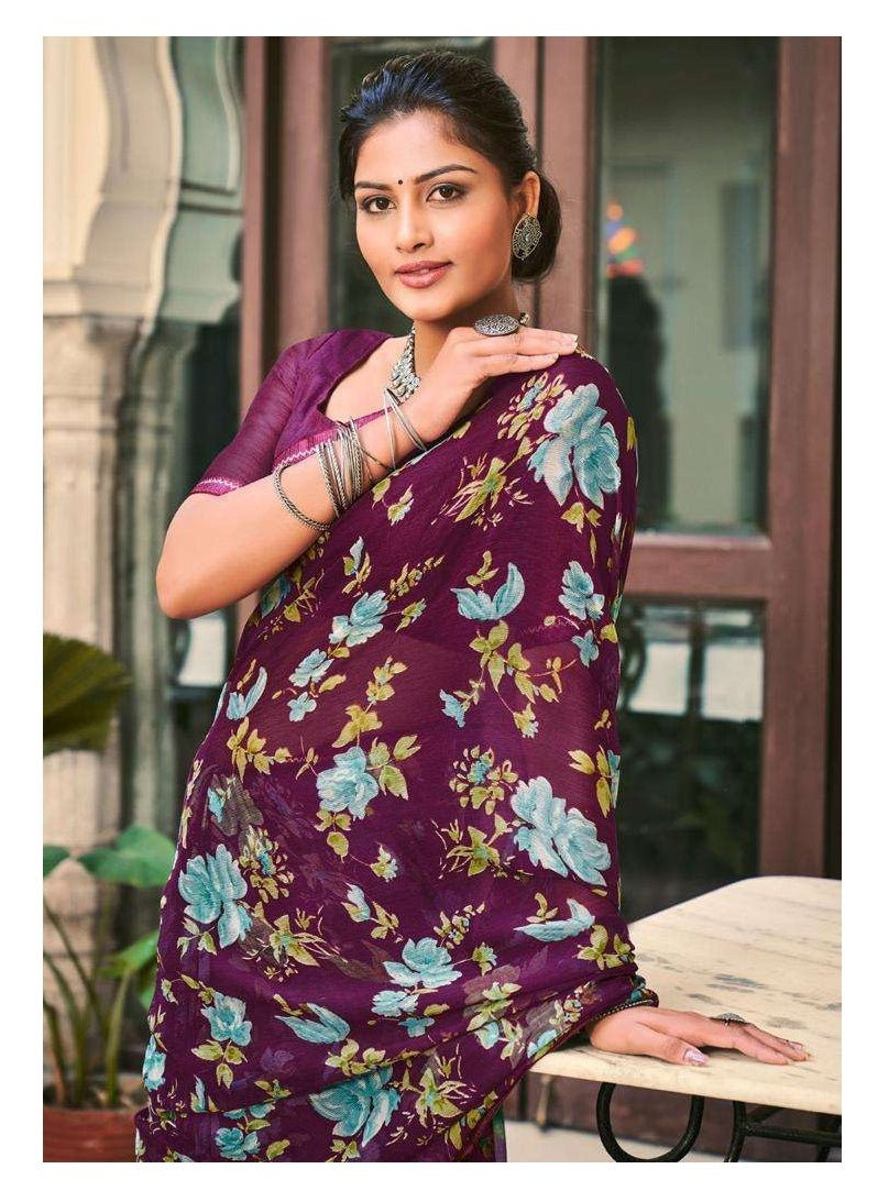 Grab Mantra - Beautiful Wine Colour Chiffon Blue Floral Print Saree With Piping Finish Plus unstitched Blouse - Image 1