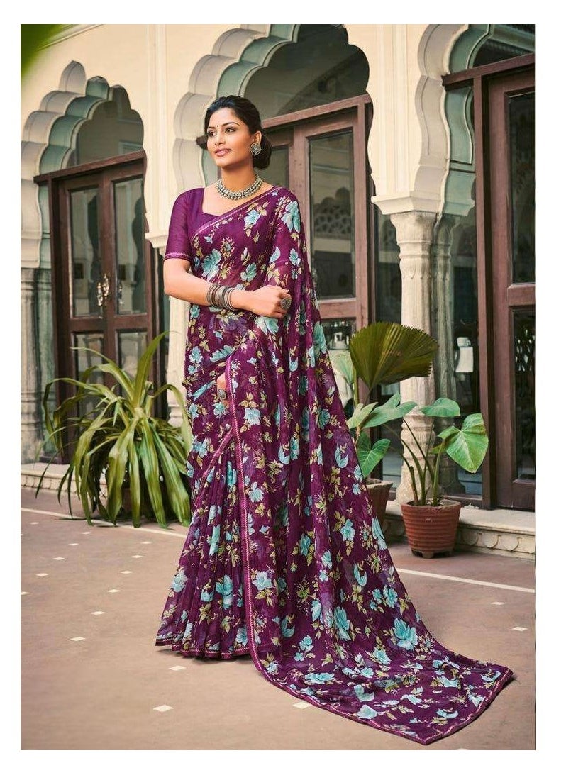 Grab Mantra - Beautiful Wine Colour Chiffon Blue Floral Print Saree With Piping Finish Plus unstitched Blouse - Image 1