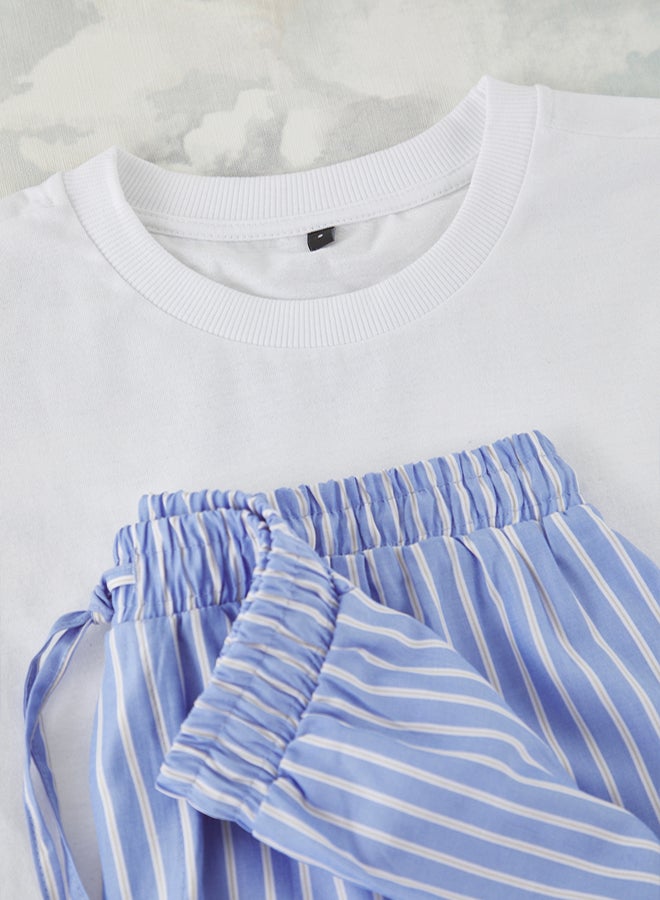 trendyol Ecru  Blue Regular Fit Top Knitted Bottom Woven Pajama Set - Image 4
