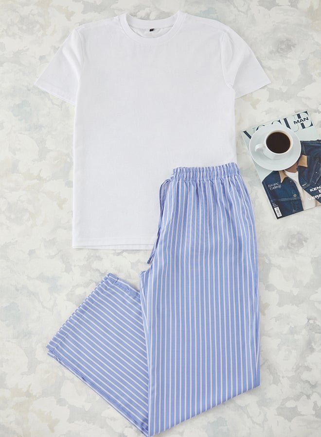 trendyol Ecru  Blue Regular Fit Top Knitted Bottom Woven Pajama Set - Image 2