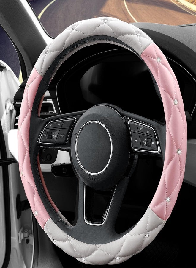 YOGURTCK Cute Diamond Soft Leather Steering Wheel Cover with Bling Bling Crystal Rhinestones, Universal 15 Inch for Women Girls, Fit Vehicles, Sedans, SUVs, Vans, Trucks - Light Pink and White - Image 3