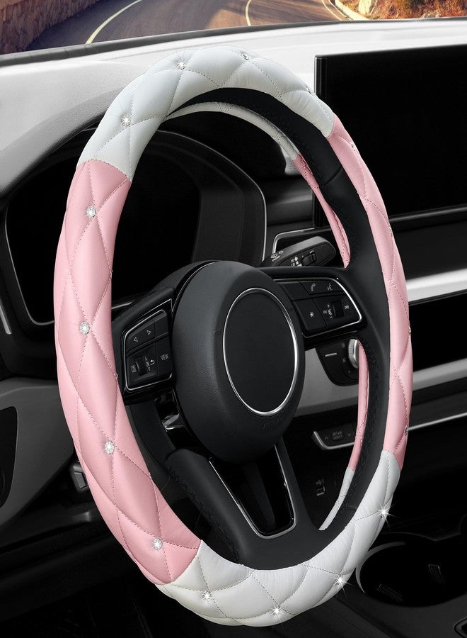 YOGURTCK Cute Diamond Soft Leather Steering Wheel Cover with Bling Bling Crystal Rhinestones, Universal 15 Inch for Women Girls, Fit Vehicles, Sedans, SUVs, Vans, Trucks - Light Pink and White - Image 1