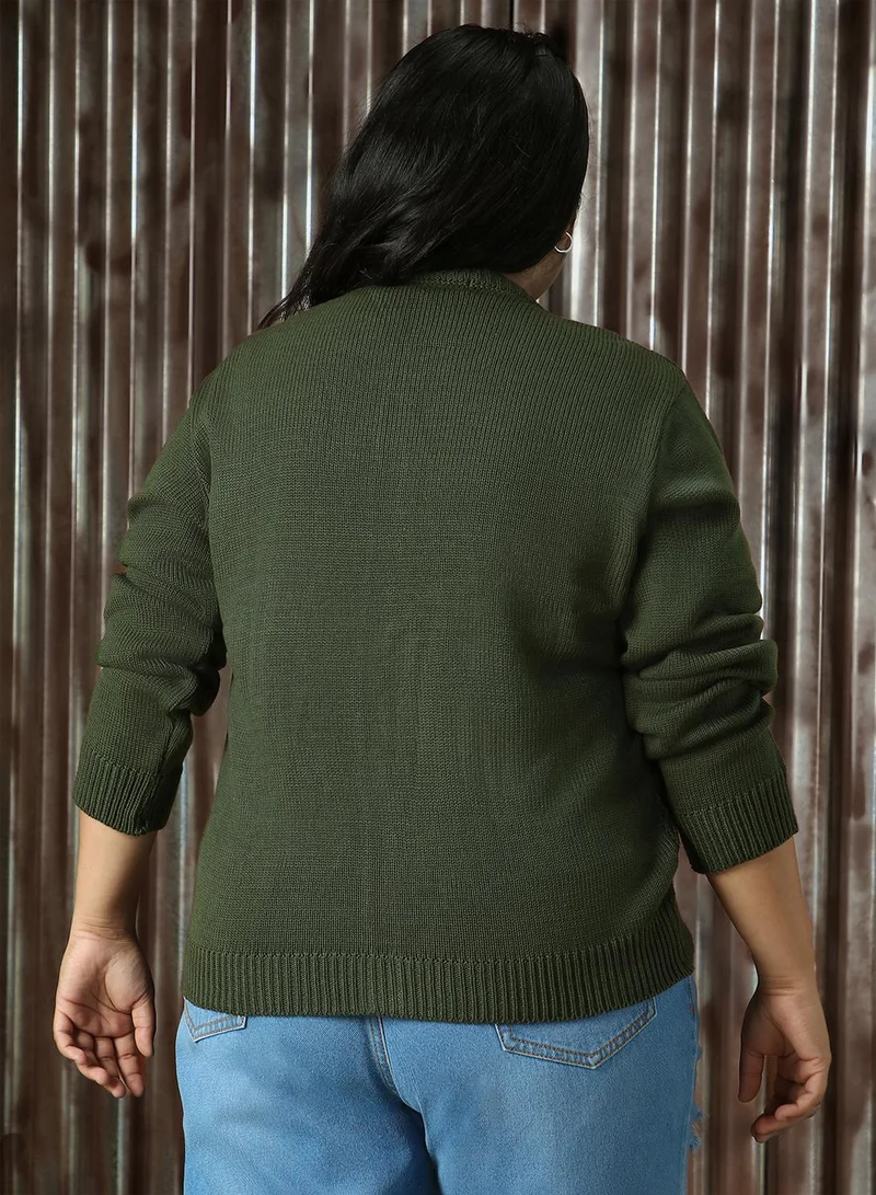HIGH STAR Women's Olive 100% Acrylic Solid Regular Fit Sweater