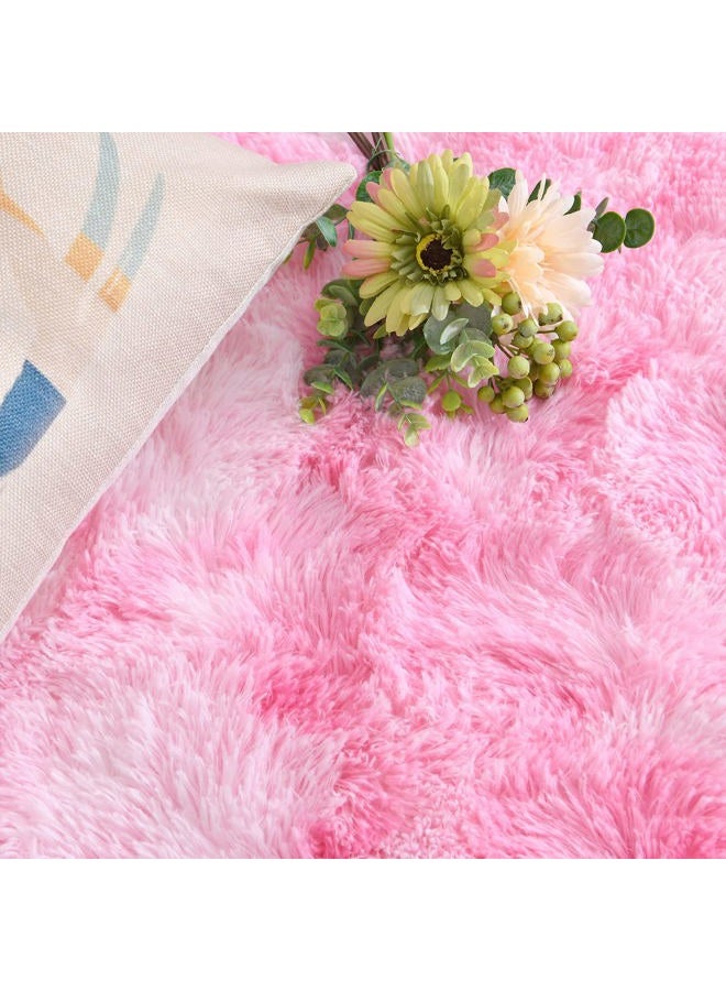 DweIke Fluffy Pink White Rugs for Bedroom Living Room, 3x5 Feet Soft Plush Shaggy Tie-Dyed Pink Girls Boys Kids Rug, Non-Slip and Machine Washable Carpet for Dorm Nursery Classroom Decor - Image 4