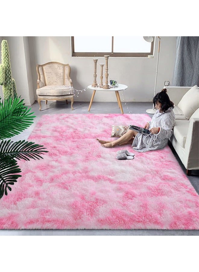 DweIke Fluffy Pink White Rugs for Bedroom Living Room, 3x5 Feet Soft Plush Shaggy Tie-Dyed Pink Girls Boys Kids Rug, Non-Slip and Machine Washable Carpet for Dorm Nursery Classroom Decor - Image 1