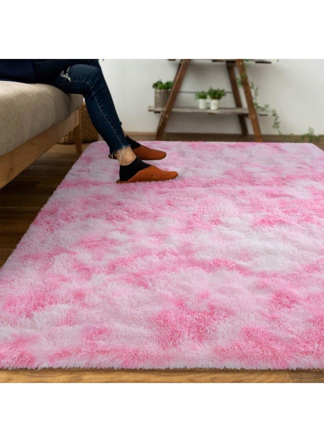 DweIke Fluffy Pink White Rugs for Bedroom Living Room, 3x5 Feet Soft Plush Shaggy Tie-Dyed Pink Girls Boys Kids Rug, Non-Slip and Machine Washable Carpet for Dorm Nursery Classroom Decor - Image 2