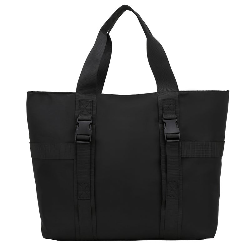 Mens handbag large capacity shoulder bag fashion brand tote bag solid color waterproof travel bag student make-up class bag Japanese style Black 
