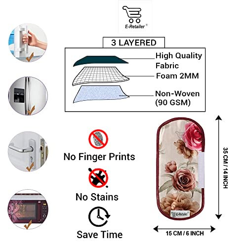 E-Retailer® Polyester 3-Layered Fridge Handle Cover Set of 2Pcs. For Refrigerator and Microwave oven (Color-Floral Pink, Size-12x6 Inches) - Image 2