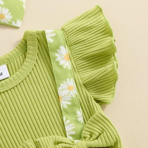 Socutebabe زي طفلة صغيرة من Socutebabe - رداء مزهر، فستان حديثي الولادة، بدلة رافلز، بدلة أطفال، ملابس صيفية لطيفة مع رباط رأس (نقشة الأقحوان، أخضر عشبي، 0-3 أشهر) - Image 4