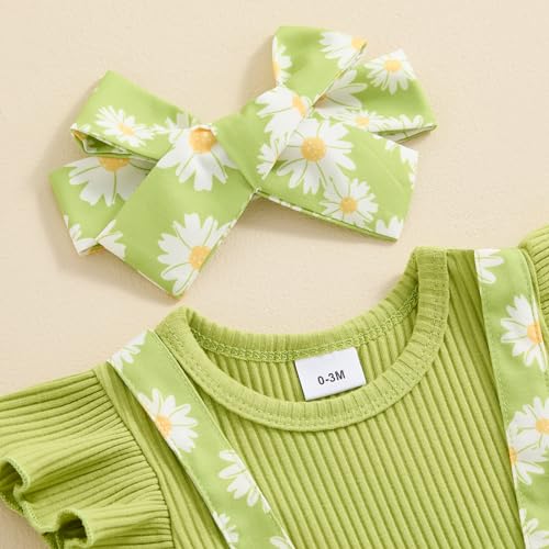 Socutebabe زي طفلة صغيرة من Socutebabe - رداء مزهر، فستان حديثي الولادة، بدلة رافلز، بدلة أطفال، ملابس صيفية لطيفة مع رباط رأس (نقشة الأقحوان، أخضر عشبي، 0-3 أشهر) - Image 3