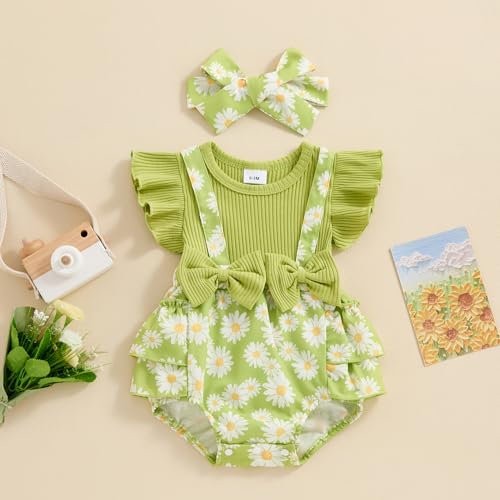 Socutebabe زي طفلة صغيرة من Socutebabe - رداء مزهر، فستان حديثي الولادة، بدلة رافلز، بدلة أطفال، ملابس صيفية لطيفة مع رباط رأس (نقشة الأقحوان، أخضر عشبي، 0-3 أشهر) - Image 2