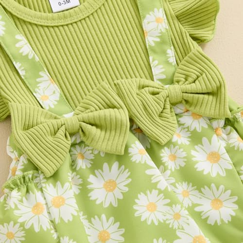 Socutebabe زي طفلة صغيرة من Socutebabe - رداء مزهر، فستان حديثي الولادة، بدلة رافلز، بدلة أطفال، ملابس صيفية لطيفة مع رباط رأس (نقشة الأقحوان، أخضر عشبي، 0-3 أشهر) - Image 5