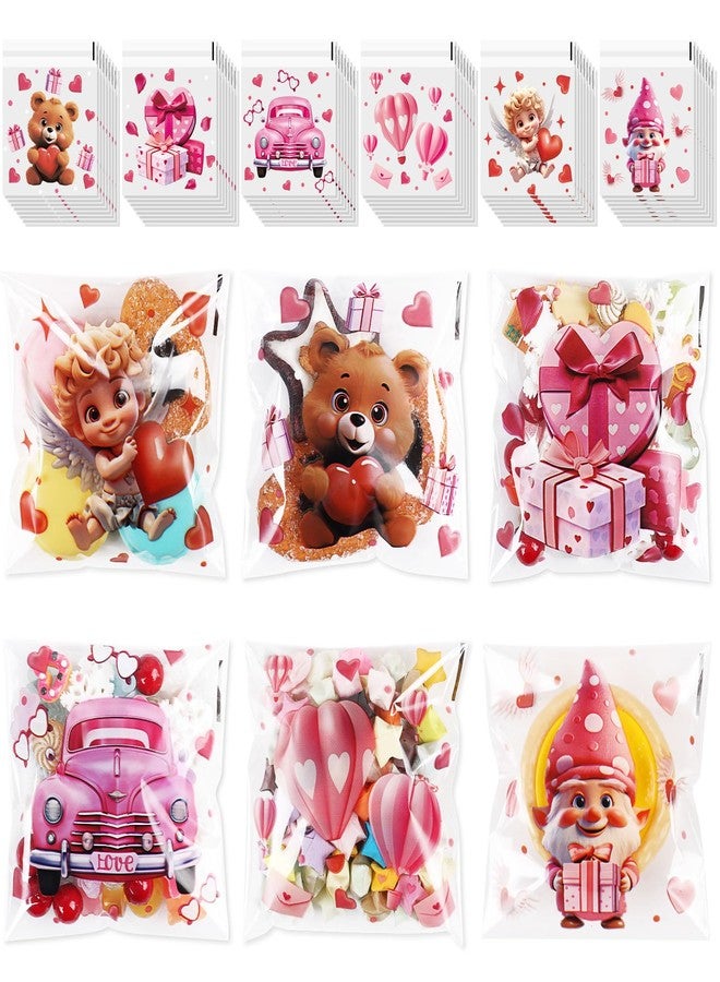 LOKIPA 180 PCS Valentines Cellophane Treat Bags, 6 Styles Self-Adhesive Valentines Cookie Bags Plastic Heart Goodie Bags for Valentine Party Favor Supplies - Image 1